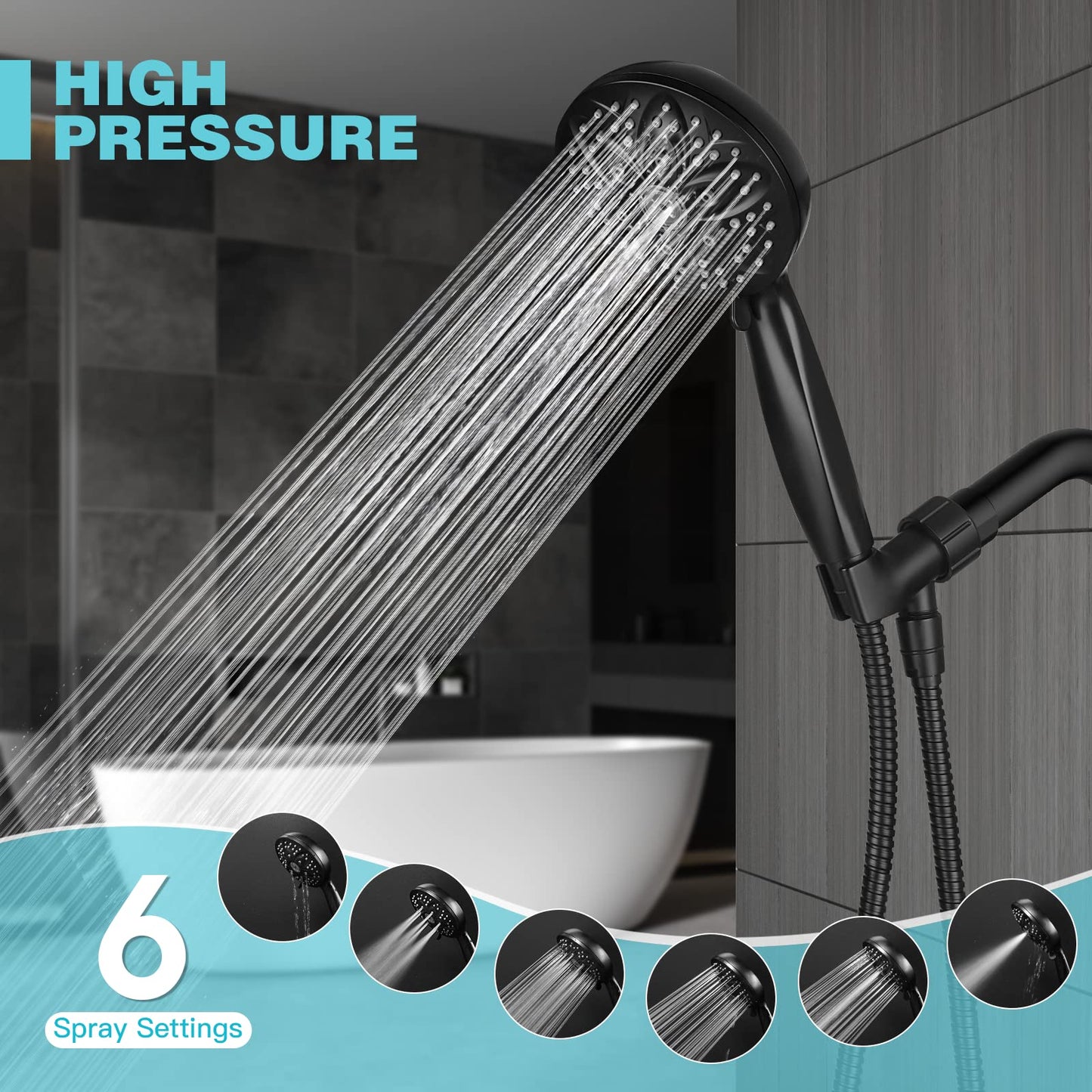 JDO Shower Head with Handheld, High Pressure Handheld 6 Settings, Detachable Shower Head Set with Stainless Steel Hose and Shower Bracket (Matte Black)