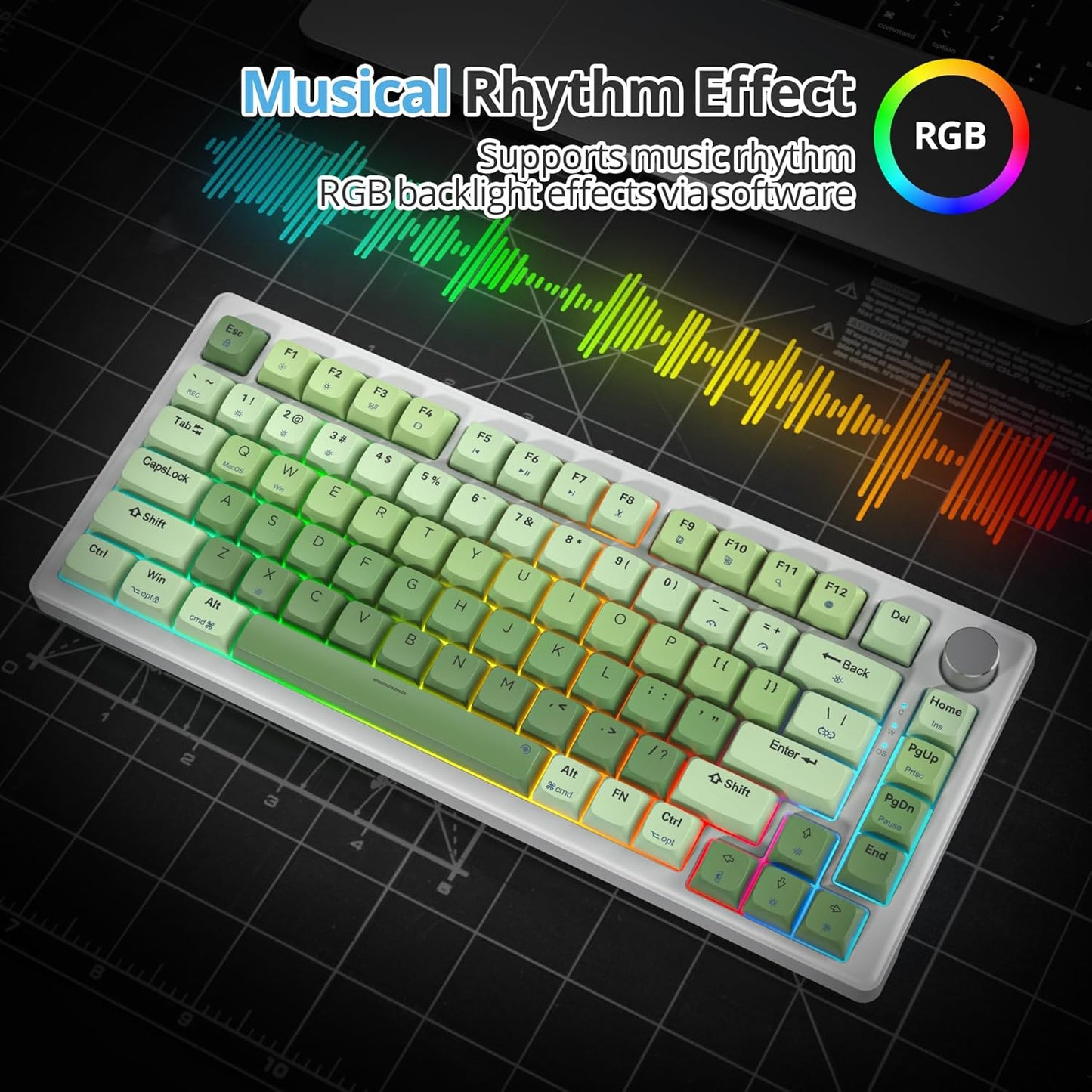 75% Green Mechanical Keyboard Gasket with Knob, Custom Wired Creamy Gaming Keyboard TKL 75 Percent Hot Swappable RGB Backlit, Pre-lubed Switch for Win/MAC, Green