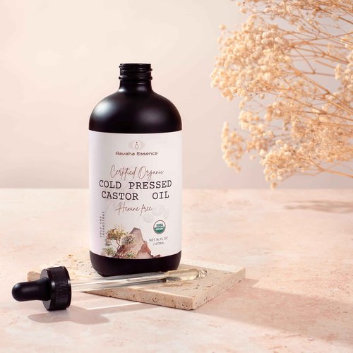 Aavaha Essence Organic Castor Oil – Cold-Pressed, Hexane-Free, 100% Pure & USDA Certified – Cold Pressed Oil for Hair, Skin, Eyelashes & Brows – 16 oz Glass Bottle with Dropper + Mini Glass Roll-On