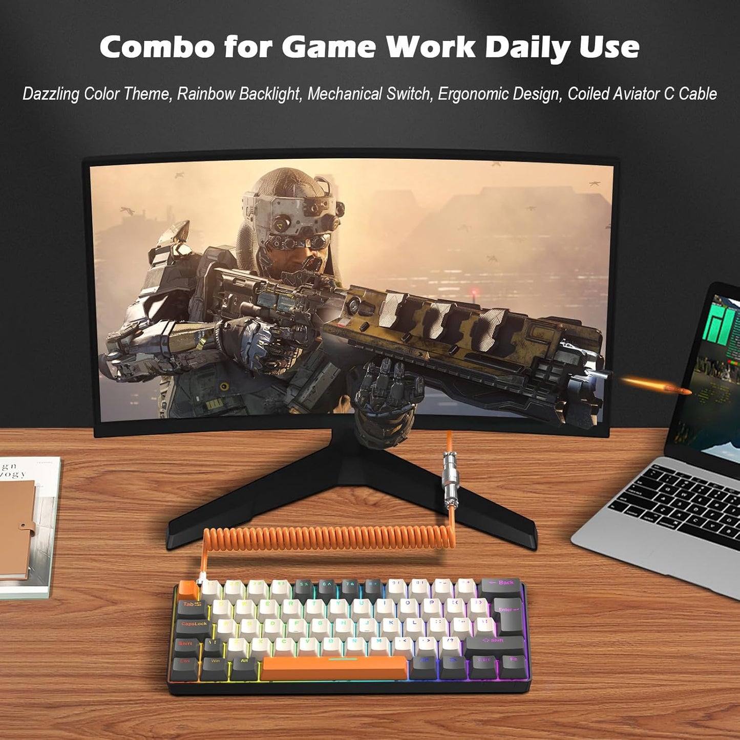 ZIYOU LANG RK-T60 Wired Mechanical Gaming Keyboard and Mouse Combo Portable with Rainbow Backlit 62Key NKRO 6400DPI RGB Honeycomb Mice Coiled Aviator Cable for PS4/PC/WIN Gamer(Dark Gray/Blue Switch)