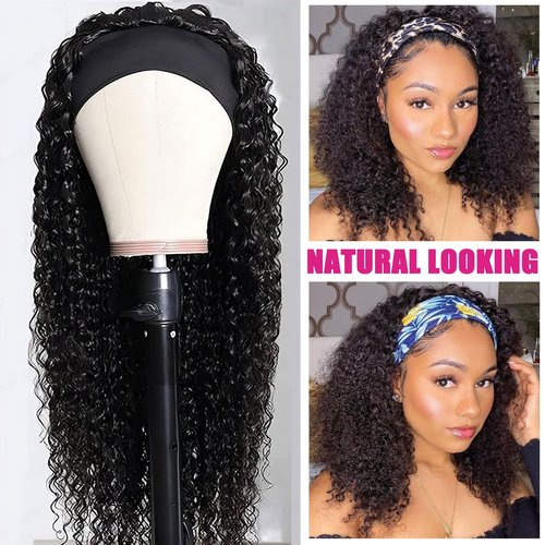 AISI QUEENS Headband Wig Human Hair For Black Women Curly Wigs Glueless Human Hair Short Curly Headband Wigs (18 Inch, Curly Headband Wigs)
