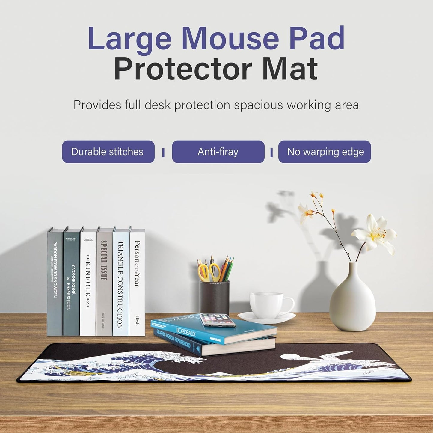 XVX Japanese Sea Wave Large Mouse Pad for Desk, Desk Mat with Seamed Edges, Waterproof Desk Pad, Gaming Mouse Pad Non-Slip Rubber Base, 31.5x11.8 Inch 3mm Thick Keyboard Pad Computer Mat, Kanagawa