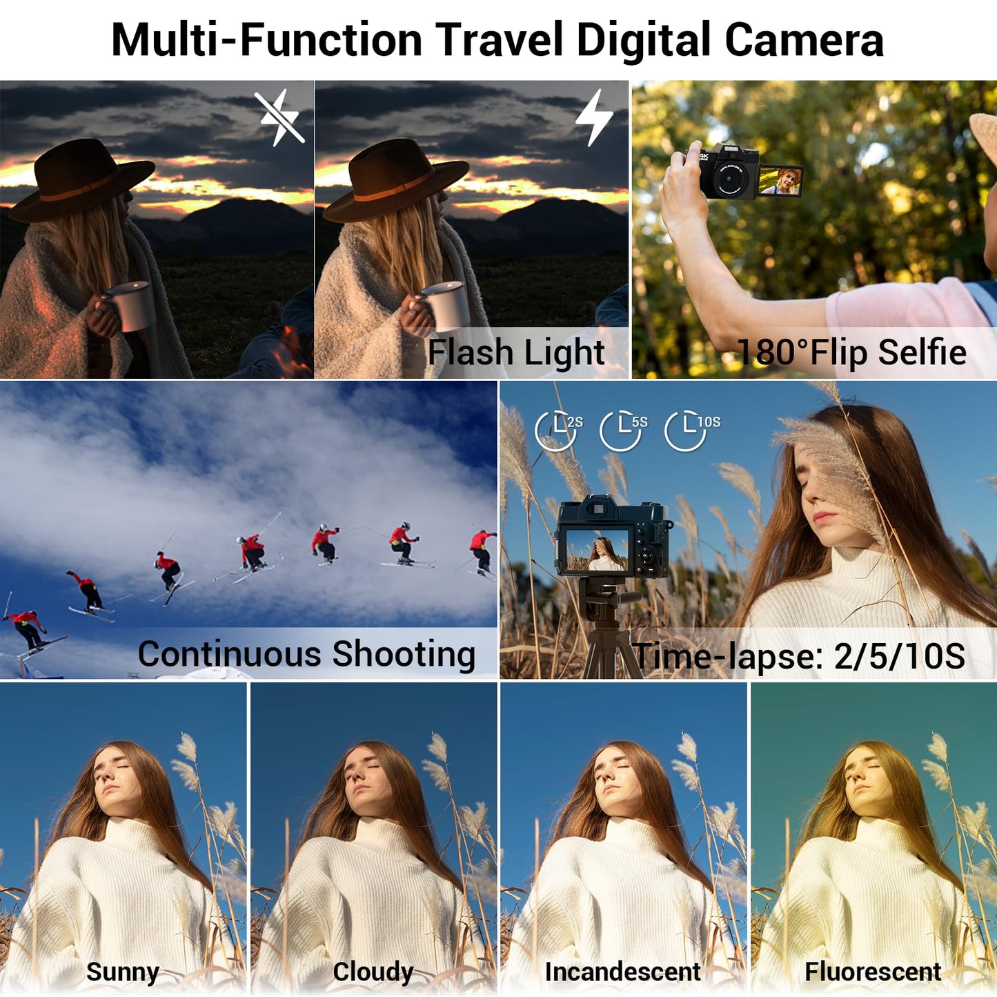4K Digital Camera for Photography, 75MP WiFi Vlogging Video Camera for YouTube with 3'' 180°Flip Screen, 64GB SD Card, 16x Digital Zoom, 2 Batteries, Point and Shoot Digital Camera for Beginner Black