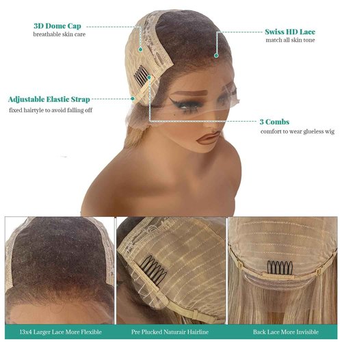 Ash Blonde Lace Front Wig Human Hair 180% Density, 13x4 Silky Straight Mini Knots HD Invisible Lace Wig for Women Glueless Highlights Wigs 20 Inch Brazilian Free Part Frontal Wigs