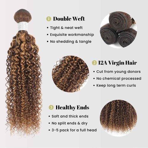 AUROO #P4/27 Highlight Kinky Curly Bundles Human Hair 10 12 14 In, Honey Blonde Highlight Brazilian Tight Curly Bundles Thick Track 12A 100% Virgin Ombre Brown Colored Human Hair 3 Bundles Remy Sew In