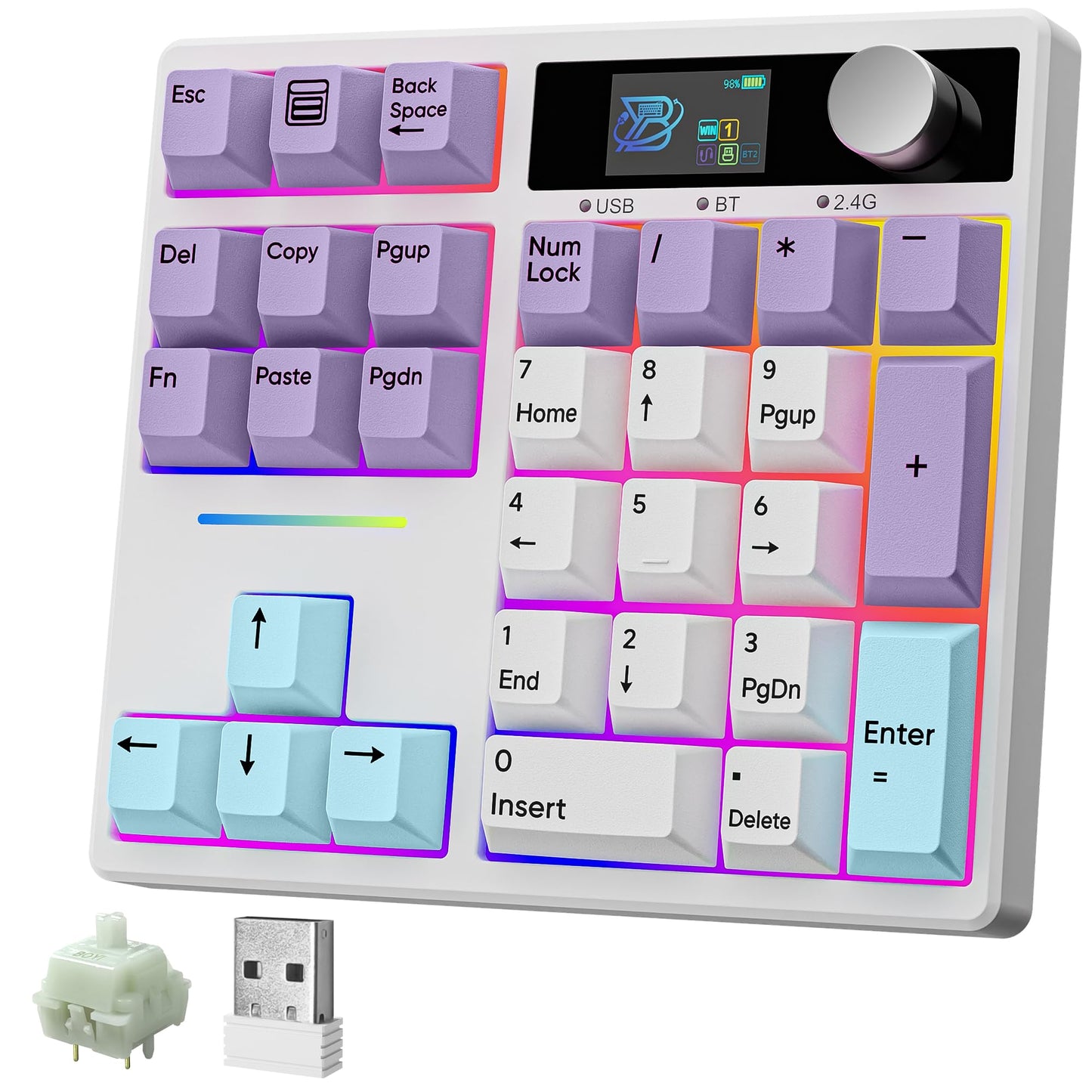 ZMX X BOYI TD31Pro Mechanical Number Pad,30 Keys Hot Swap Wireless BT5.0/2.4GHz/Type-C Wired Numeric Keypad Programmable RGB Gaming Numpad Keyboard with Knob Screen for Laptop/Mac (White-Purple)