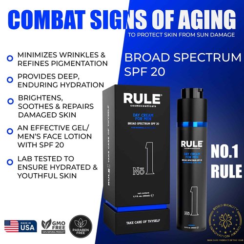 RULE COSMECEUTICALS No.1 Day Cream for Men, 10-in-1 Anti-Aging Face Moisturizer to Reduce Wrinkles & Dryness, SPF 20, Collagen, Vitamins B, C & E - Normal & Dry Skin - Original, 50 mL