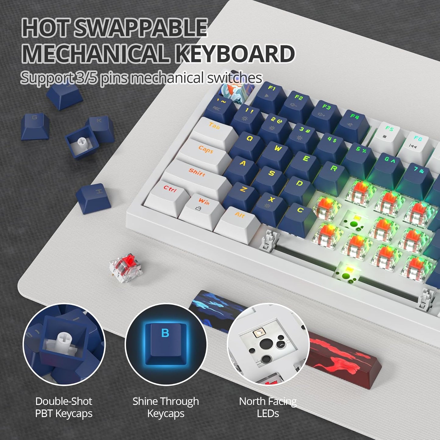 75% Mechanical Gaming Keyboard, Hot Swappable RGB Backlit Custom With Knob, Gasket Mount USB Wired, 82 Keys Blue White Linear Red Switch (82 Blue White)
