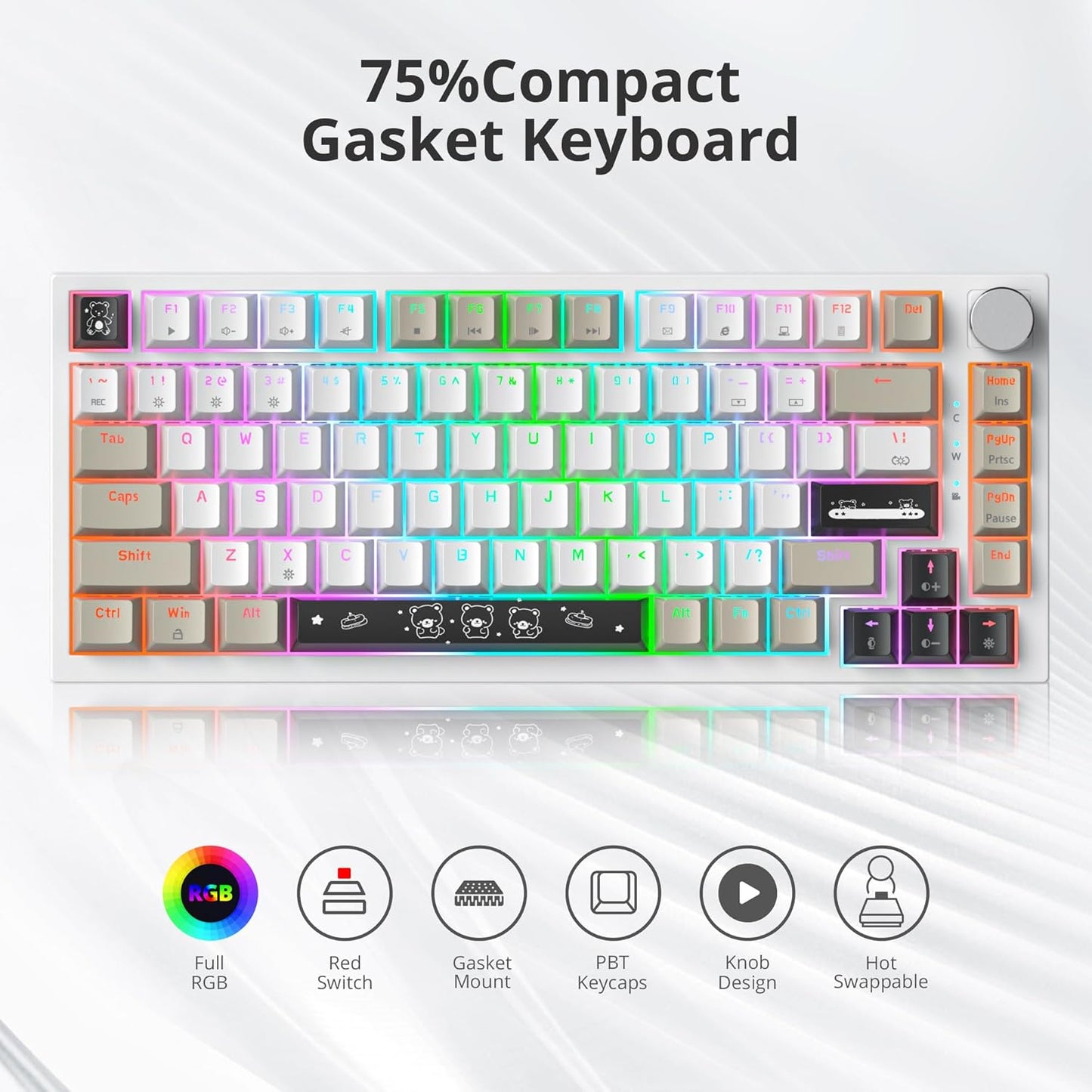 75% Wired Creamy Keyboard, Hot Swappable Mechanical Gaming Keyboard with Gasket Mounted, RGB Backlit, Red Switch, Knob Control for Win Pc Laptop(82 Blue)