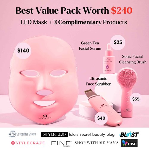 LED Face Mask Light Therapy Premium Spa Kit (4 Pcs) - With Ultrasonic Scrubber, Ultrasonic Brush & Green Tea Serum - 7 Colors (Blue & Red) Light Therapy Mask -Spa Light Therapy Facial For Rejuvenation