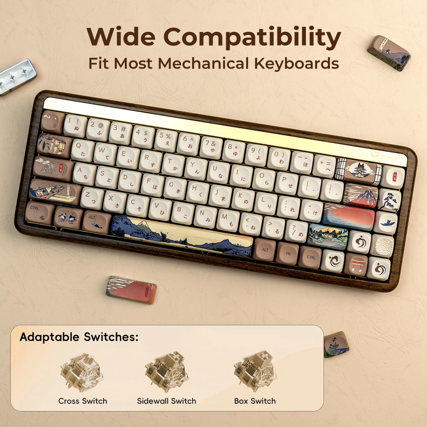 XVX MOA Profile Japanese Fuji Mountain Theme PBT Keycaps Set, 140-Key Coffee & Cream Custom Keycaps for US Layout Mechanical Keyboards (Brown/Beige Design with Key Puller)