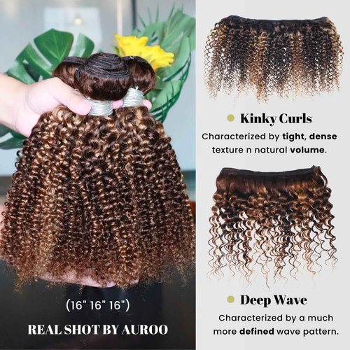 AUROO Honey Blonde Highlight Tight Kinky Curly 3 Bundles With 4x4 HD Transparent Lace Closure Human Hair P4/27 Ombre Brown Thick Tracks 12A 100% Virgin Brazilian Curly Bundles with Closure 10 12 14+10