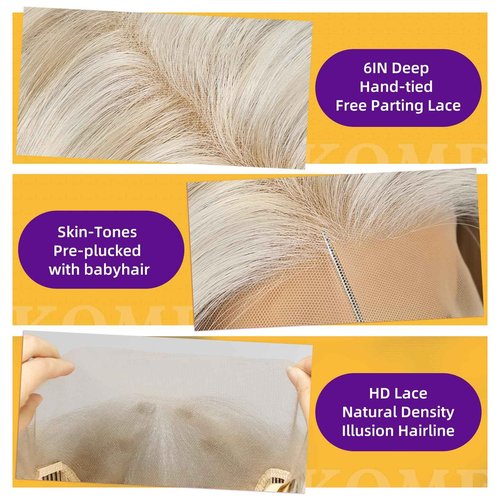 KOME Platinum Blonde Synthetic Lace Front Wig,13X6 Long Straight Layered Glueless Wigs for Women Daily Use 22IN