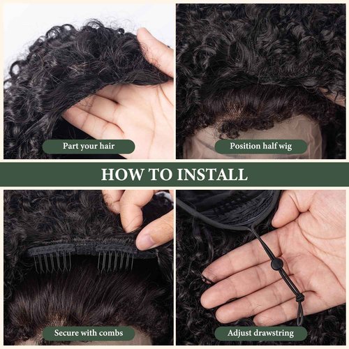 Prosa Kinky Curly Half Wig, 3-in-1 Synthetic Hair with Drawstring Headband, Clip-in Glueless Seamless Flip Over Design, Color 1B, for Women (26inch)