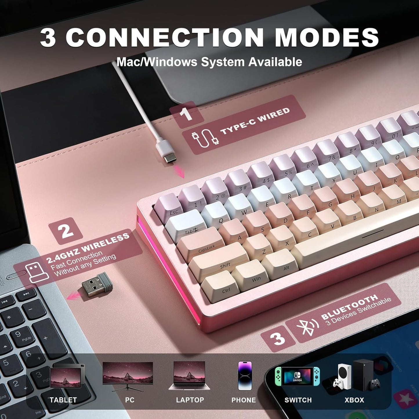 YUNZII AL71 75% Mechanical Keyboard,Full Aluminum CNC,Hot Swappable Gasket,2.4GHz Wireless BT5.0/USB-C Wired,NKRO Programmable RGB Backlight Creamy Typing for Win/Mac(Pink, Crystal White Switch)