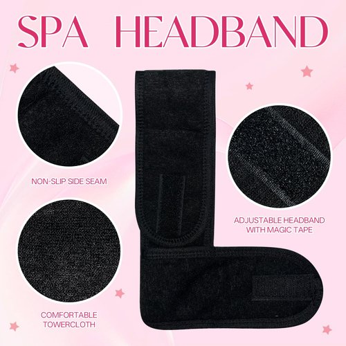 SHENGYIWA 80 Pack Adjustable Spa Headband for Women Non-Slip Facial Hair Wrap for Washing Face, Makeup, Shower, Skincare, and Yoga (Black, 80)