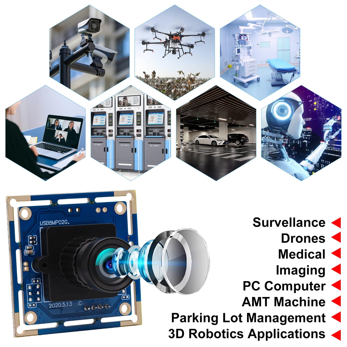 8MP USB Camera Module IMX179 3264x2448P HD Small UVC Webcam with M12 3.6mm Lens - Manual Focus Plug & Play for Lightburn 3D Printer Raspberry Pi PC Mac Linux - Industrial/Machine Vision