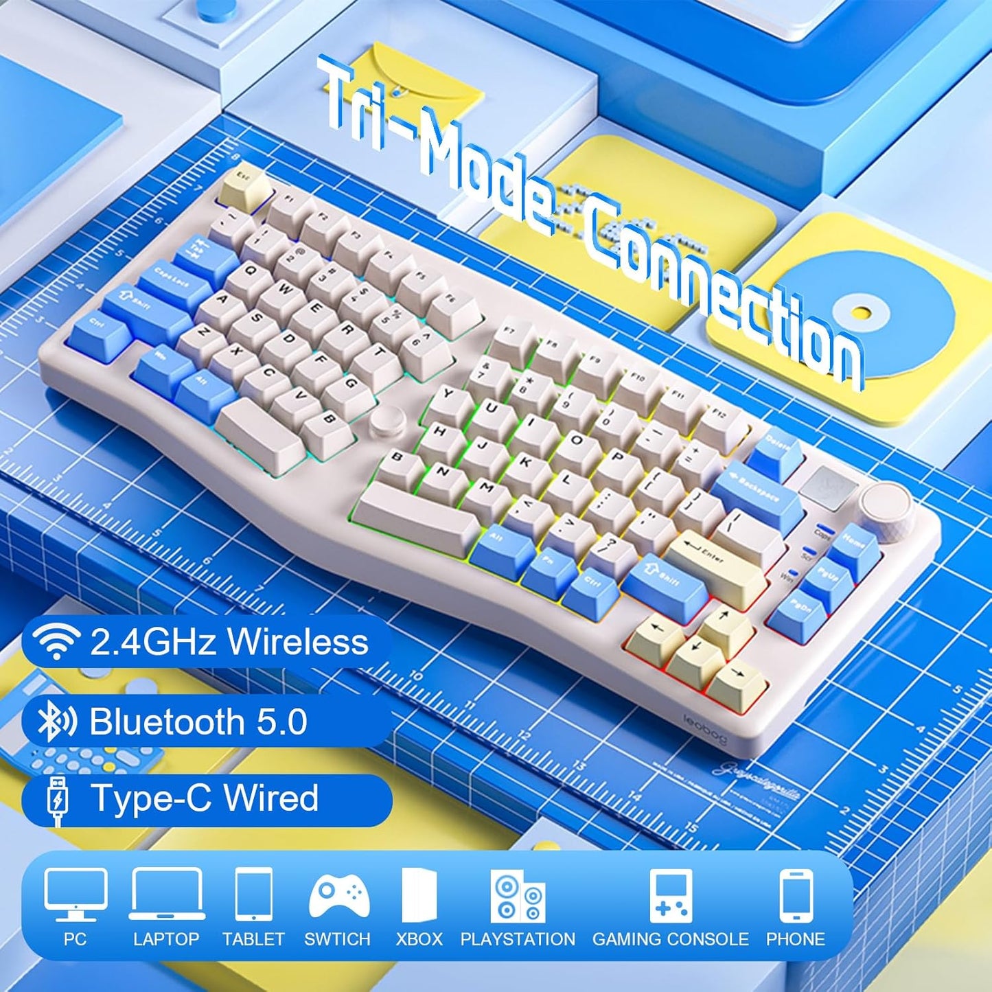 A75 Alice Keyboard, Tri-Mode Ergonomic Gaming Keyboard with RGB Backlit Functional Knob Joystick, 75% Layout Hot-Swap Gasket Custom Keyboards for Win Mac PC Gamer-Black