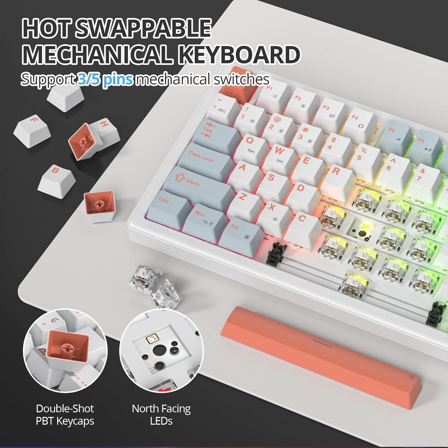75% Mechanical Gaming Keyboard with Volumn Knob, Gasket Hot Swappable RGB, Wired, Red Switch, 82 Keys Compact Creamy (Black Grey)