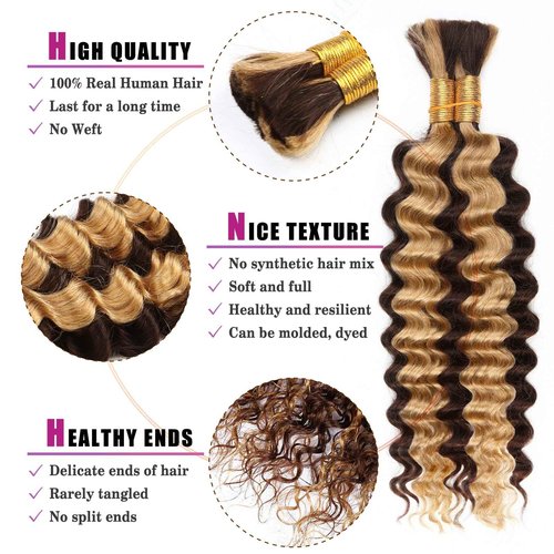4/27 Honey Blonde Human Braiding Hair Deep Wave Bulk Human Hair,Highlight No Weft Curly Braiding Hair Extensions for Boho Braids Wet and Wavy Braiding Human Hair Bundles(24inch,4/27,100g)