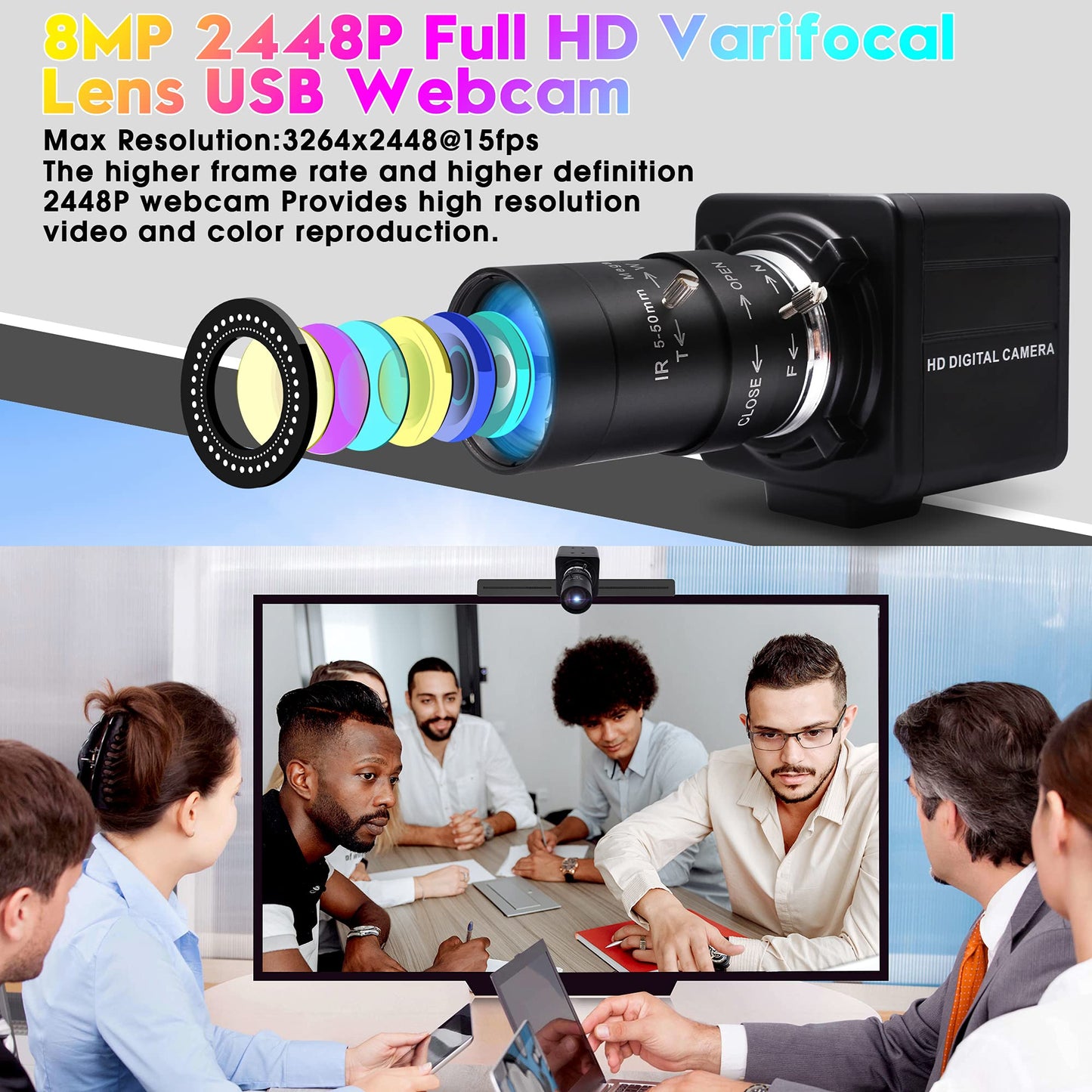 8MP USB Camera Manual Zoom 5-50mm Lens Webcam Variable Focus PC Camera Mini UVC USB2.0 USB with Camera for Computer IMX179 Close-up Camera Varifocal Web Camera Zoomable for Raspberry Pi Laptop