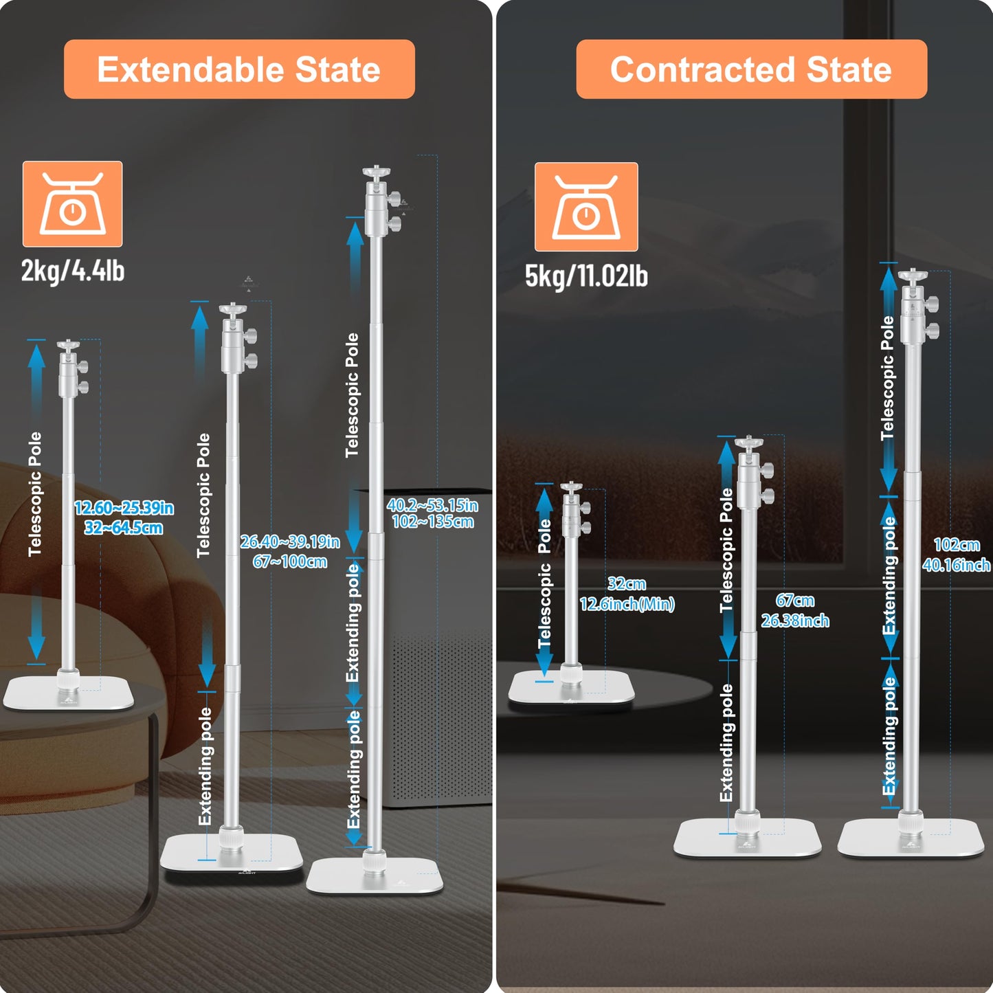 ailight 2-in-1 Projector Stand from 12.6" to 53.1", Floor and Table Projector Mount with ±90° Tilt & 360° Rotate Height Adjustable Desk Tripod Stand Compatible with Camera, Microphone, Webcam, Lights