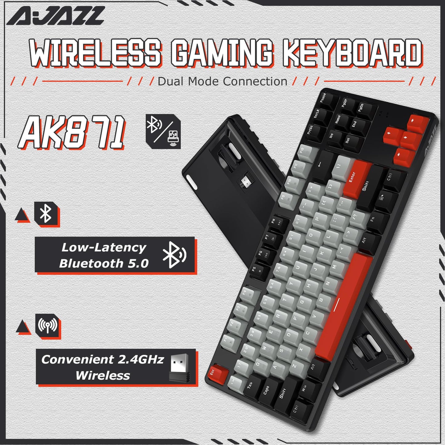 Ajazz AK871 Wireless Mechanical Keyboard,75% Mechanical Gaming Keyboard with USB Hub,2.4Ghz/Bluetooth 5.0 Dual Mode 87Keys Hot Swappable TKL Keyboard OEM Keycaps for PC/MAC(Linear Pre-lubed Switches)