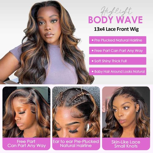 Vemalin Highlight Ombre Lace Front Wig Human Hair Body Wave Lace Front Wigs Human Hair Pre Plucked 13x4 1B/30 Brown Highlight Wig 200 Density Colored 26 Inch Balayage Wigs for Women