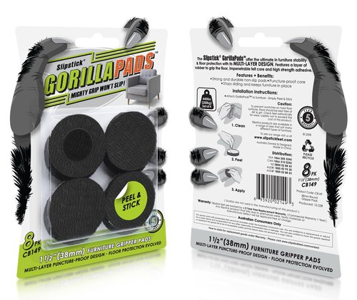 Slipstick GorillaPads CB149 Non-Slip Furniture Pads/Rubber Grippers (Set of 8) Self-Adhesive Furniture Feet Floor Protectors, 1-1/2 inch Round, Black