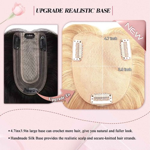 POWERASIA Hair Toppers for Women Real Human Hair Extensions with Thinning Hair No Bangs Wiglets Upgrade 3.9x4.7Inch Silk Base Clip ins Hair Pieces 150% Density Remy Hair Wig Topper #12P613