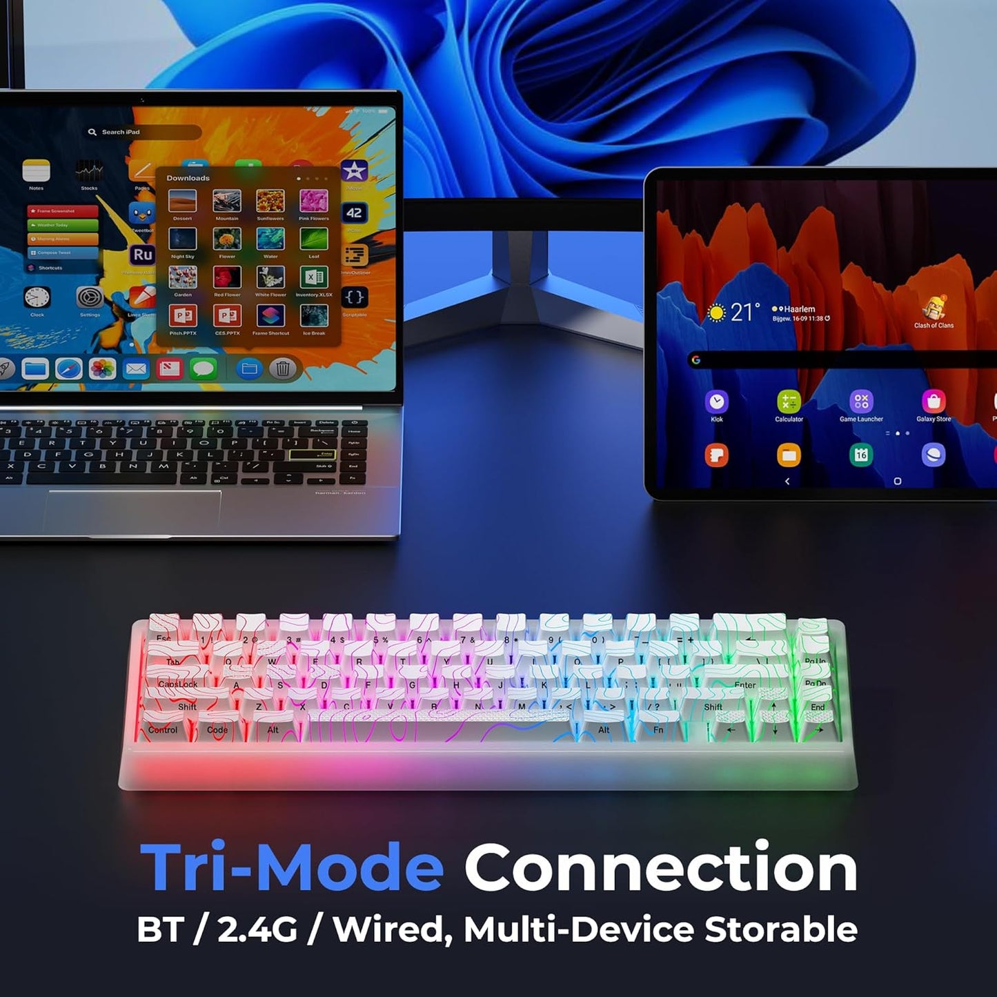 XVX M67 Wireless 60% Percent Keyboard, QMK/VIA Topographic Gaming Keyboard, Tri-Mode Thocky Creamy Mechanical Key Board, Hot Swappable Gasket Mount RGB IMD Tech for Win/Mac, Miami Theme, White