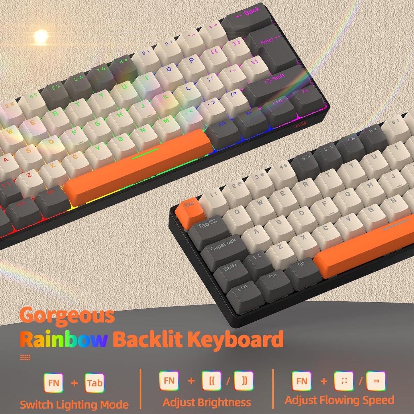 ZIYOU LANG T60 Wired 60% TKL Mechanical Gaming Keyboard with Led Rainbow Backlight Ultra-Compact NKRO Tactile Clicky Blue Switch Tri-Color ABS Keycap for Windows Laptop PC Mac Gamer(Pink/White)