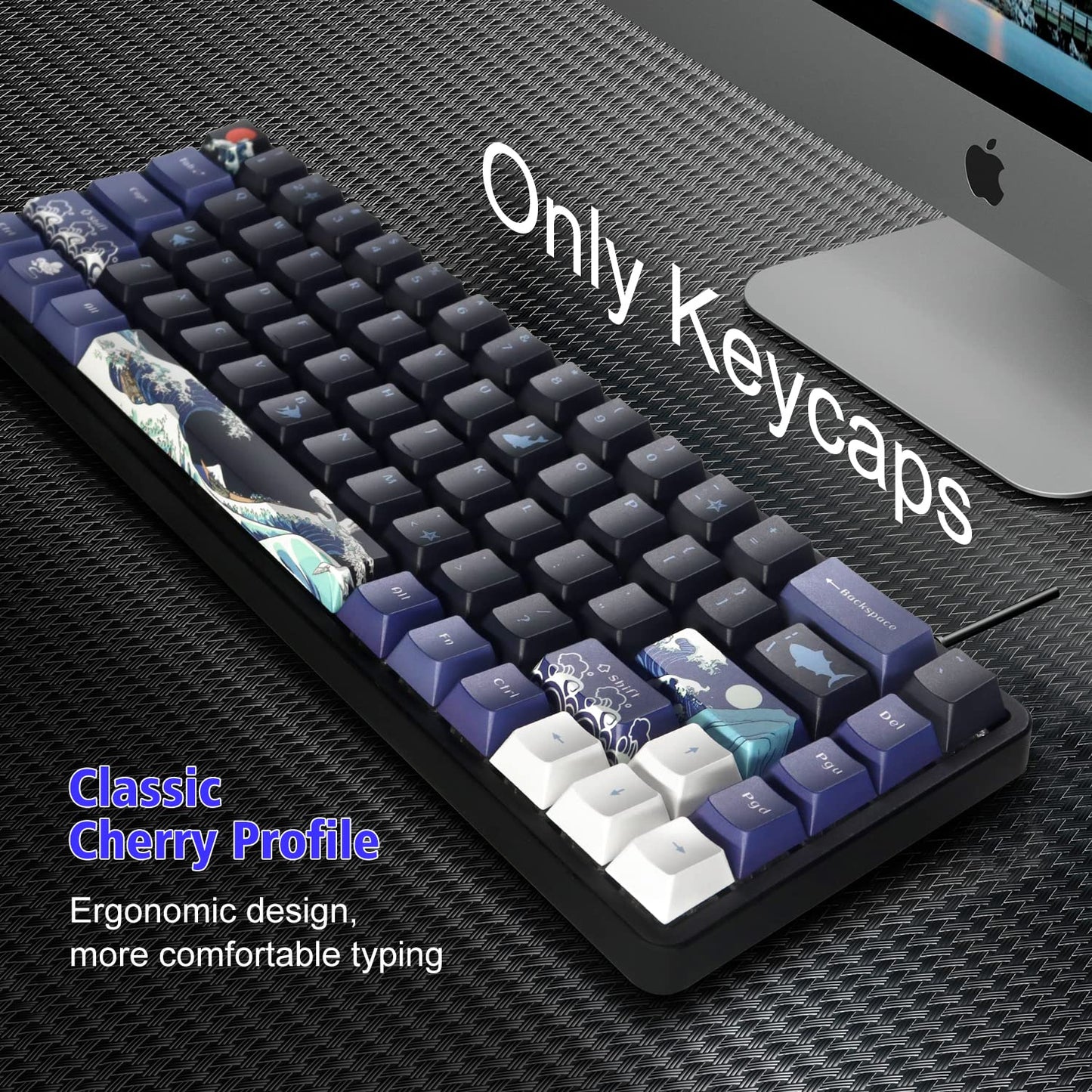 XVX PBT Keycaps - Great Wave of Kanagawa Japanese Design, Dye-Sub Custom Keycaps Set, Cherry Profile for 61/64/66/68 Cherry/Gateron MX Switches, 78 Key Set