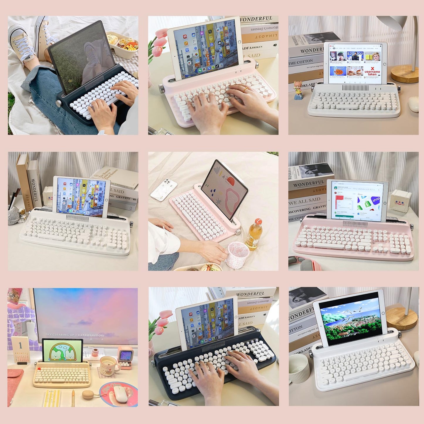 YUNZII ACTTO B303 Wireless Typewriter Keyboard, Bluetooth Connection, Cute Retro Aesthetic Design with Integrated Stand for Tablet, Phone, PC and Win/Mac/Android(B303, Baby Pink)