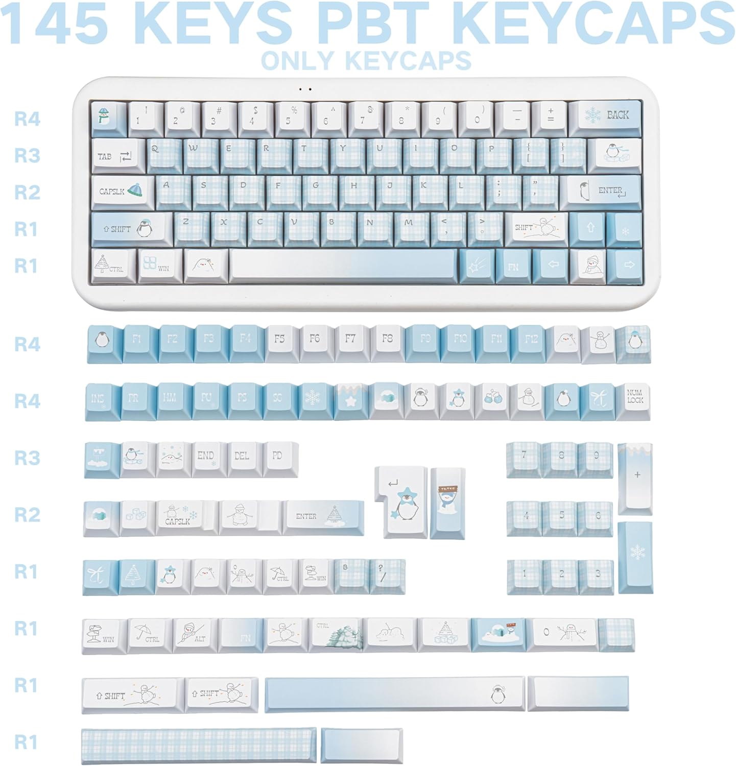 145 Keys PBT Keycap Cherry Profile, Light Blue White Black Bow Aesthetic Dye Sublimation Gaming Custom Keycaps for ANSI/ISO Layout Mechanical Keyboards
