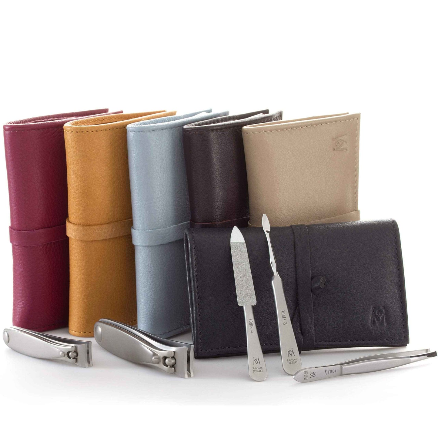 GERMANIKURE 5pc Manicure Set in Dark Purple Leather Case - Made in Solingen Germany, FINOX Stainless Steel Tools – Professional Quality Compact Nail Grooming Kit