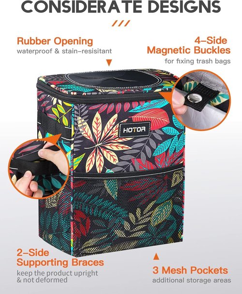 HOTOR Car Trash Can with Lid and Storage Pockets - 100% Leak-Proof Organizer, Waterproof Garbage Can, Multipurpose Trash Bin for Car, 2 Gallons, Autumn Leaves
