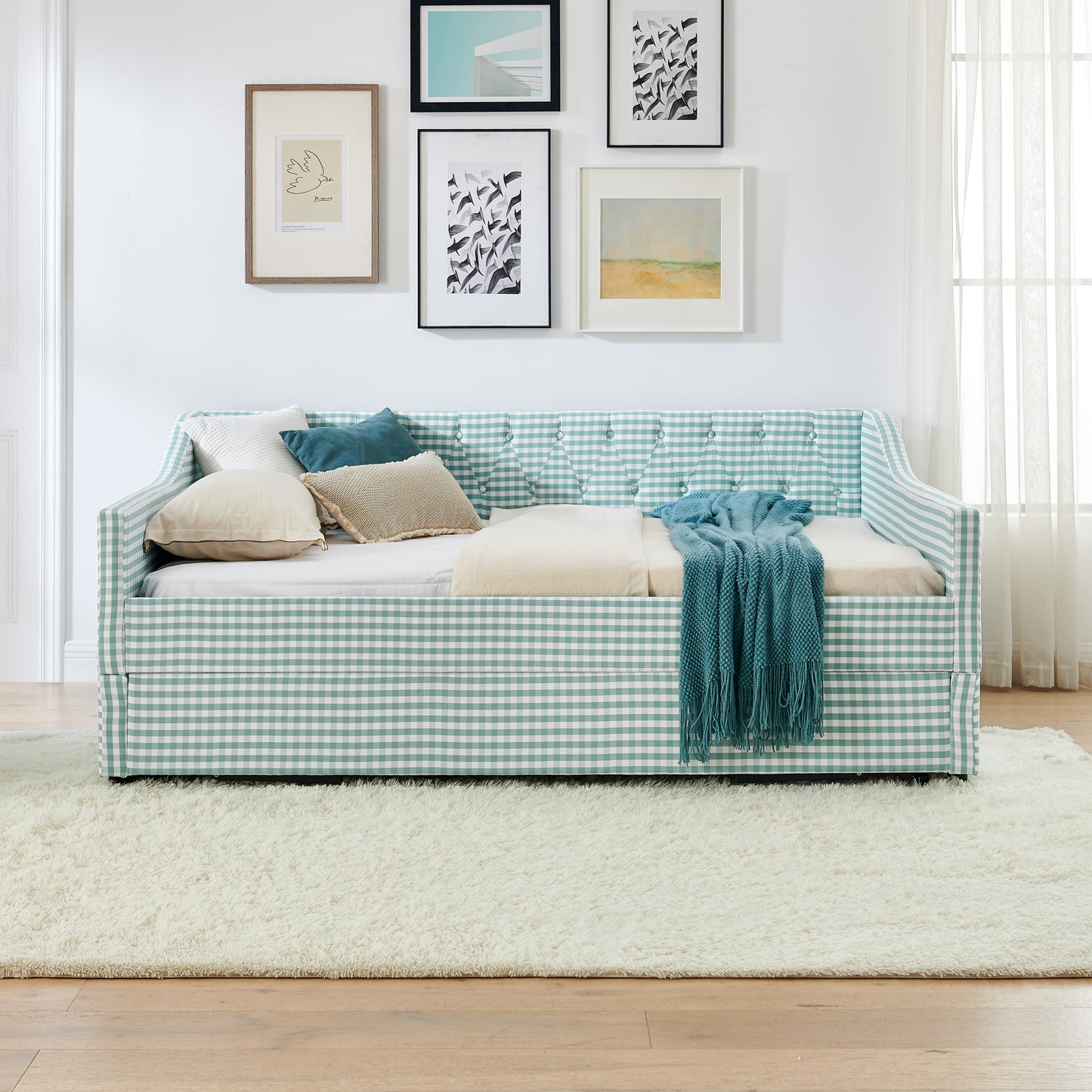Full-Size Upholstered Daybed with Pull-Out Trundle & Storage - Cyan