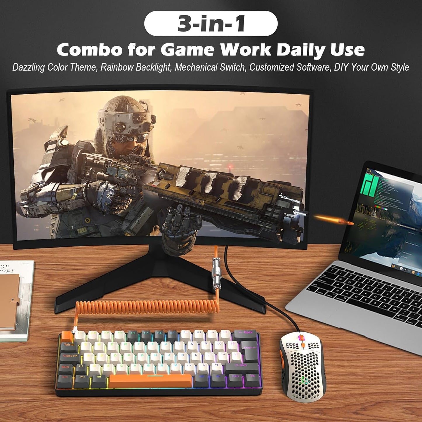 ZIYOU LANG RK-T60 Wired Mechanical Gaming Keyboard and Mouse Combo Portable with Rainbow Backlit 62Key NKRO 6400DPI RGB Honeycomb Mice Coiled Aviator Cable for PS4/PC/WIN Gamer(Light Gray/Red Switch)
