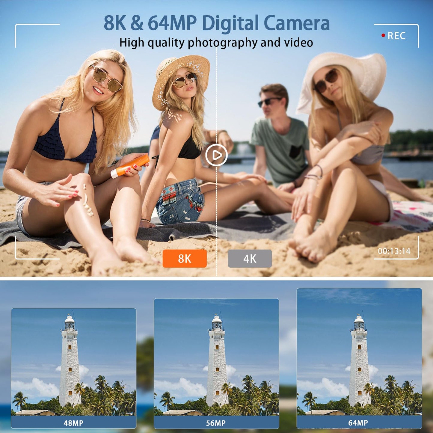 8K Digital Cameras for Photography, WiFi 64MP Vlogging Camera for YouTube, 4" Touch Screen Travel Camera with Dual Lens, Auto Focu, 16X Digital Zoom, 3000mAh Batteries, 32GB Card, Black