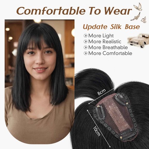 Rich Choices Real Human Hair Toppers for Women 3D Cover Clip in Bangs 100% Remy Human Clip in Silk Base Hair Topper with Bang for Thinning 150% Density 10 Inch #01 Jet Black