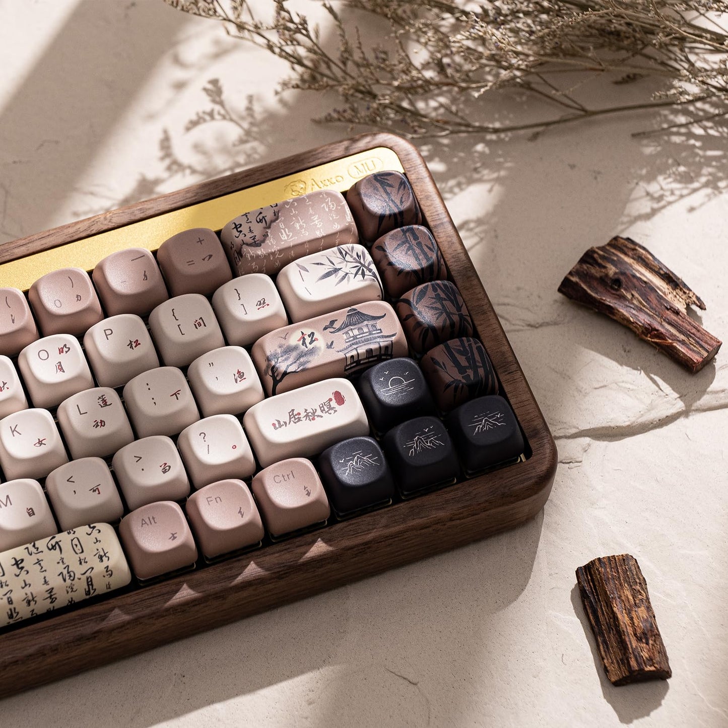 Akko Mechanical Gaming Keyboard with Walnut Wooden Case, MU01 Mountain Seclusion 65% 68-Key RGB 2.4G Wireless/Bluetooth/Wired Hot-swappable Keyboard with PBT Dye-Sub Keycaps for Mac & Win
