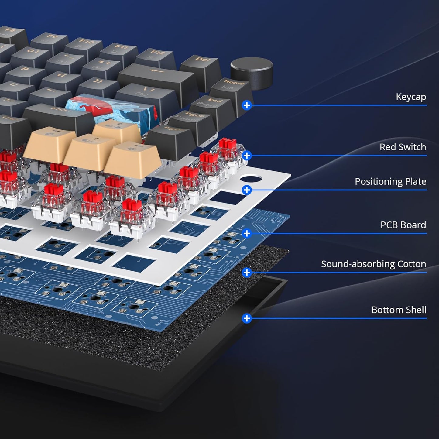 75 Percent Keyboard Gasket-Mounted with Sound Absorbing Pads, 82-Key Compact Wired RGB Mechanical Gaming Keyboard Hot-Swap Socket for Win, Blue Samurai