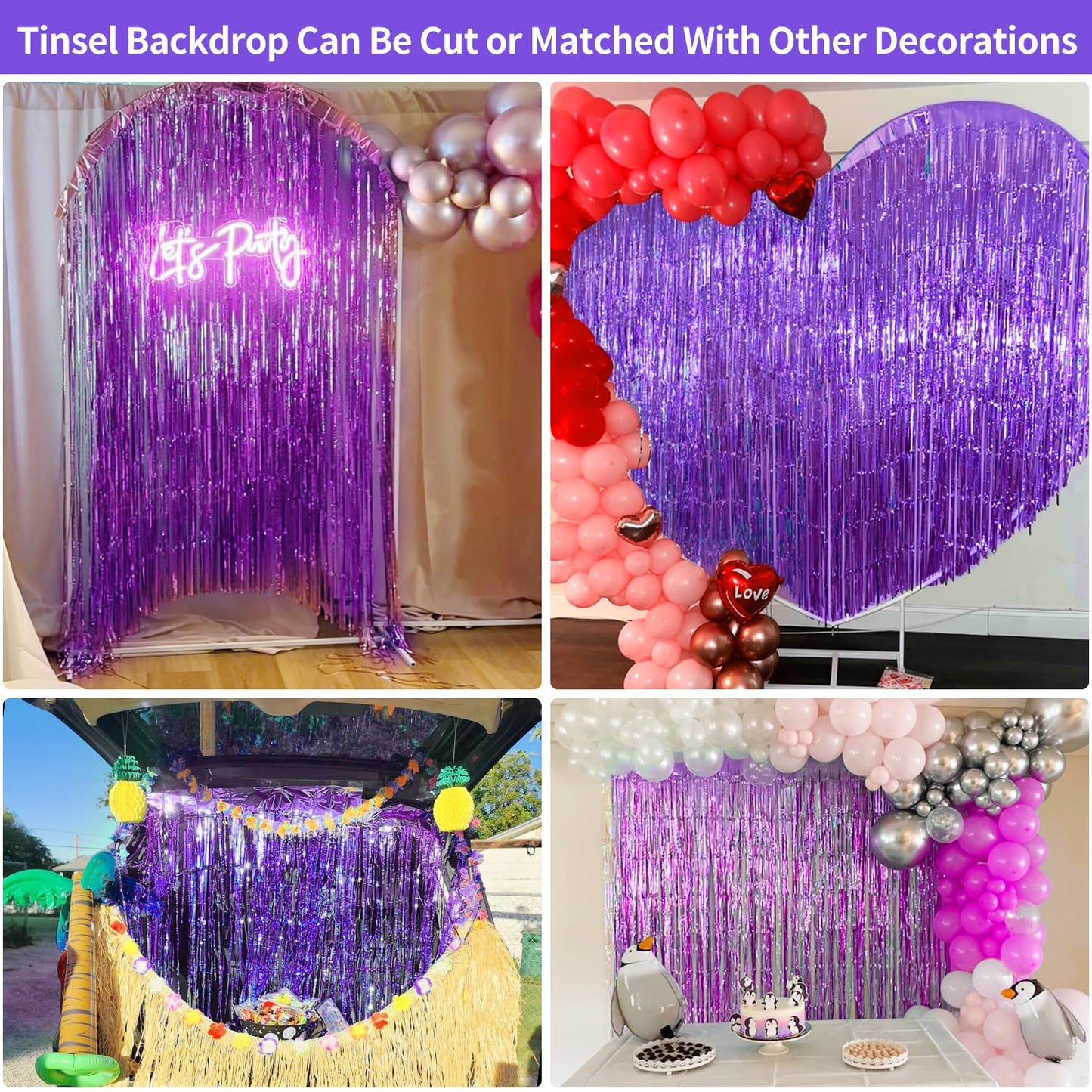 2 Pack Purple Tinsel Backdrop Party Decorations 3.3x8.2ft, Foil Fringe Curtains Door Streamers for Birthday Balloons Decor, Purple Backdrop for Wedding Baby Shower Graduation Christmas Halloween