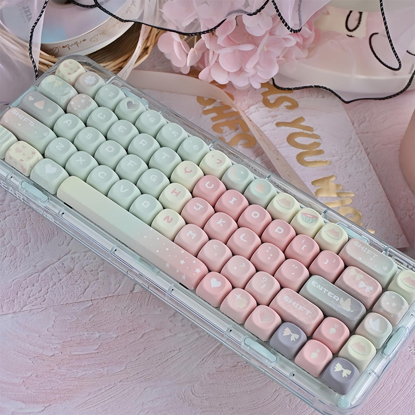 ZMX Cute MOA Keycaps,Gradient Pink Kawaii Round Keycaps Custom 126 Keys Keycap Set Thick PBT Keycap for Cherry MX Switch 75% 60% Mechanical Gaming Keyboard Creamy Watermelon Key Cap