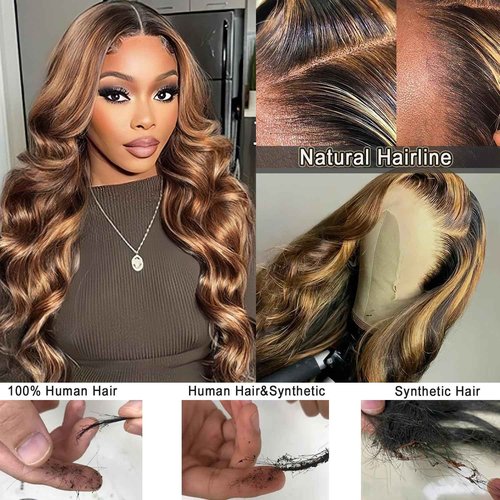 Linrkeyy Ombre Lace Front Wig Human Hair 13X6 Honey Blonde Wigs Human Hair 180% Density HD Lace Frontal Wig Body Wave 4/27 Highlight Glueless Wigs Human Hair Pre Plucked whth Baby Hair 24Inch