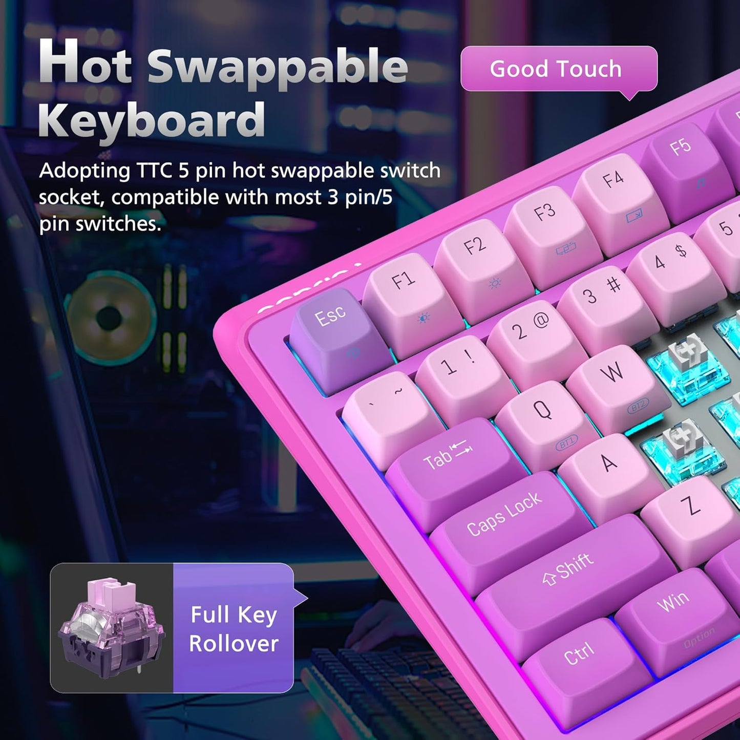 98% Mechanical Gaming Keyboard,96 Keys Full Key Rollover Wireless Keyboard Hot Swappable Gasket Structure,Bluetooth,2.4GHz,USB-A to C 3-Mode,with Screen,RGB,PBT Keycaps,for PC Laptop (Pink)