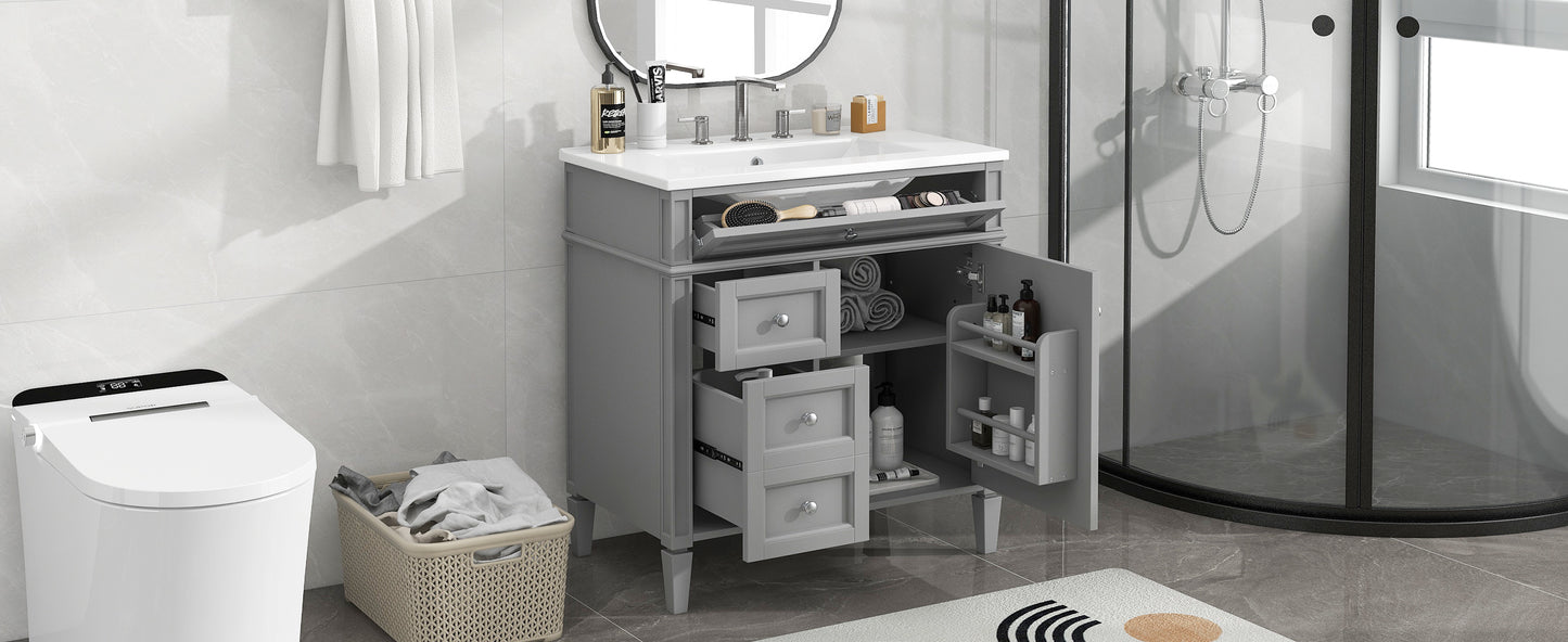 30'' Modern Bathroom Vanity with Sink & 3 Drawers - Grey