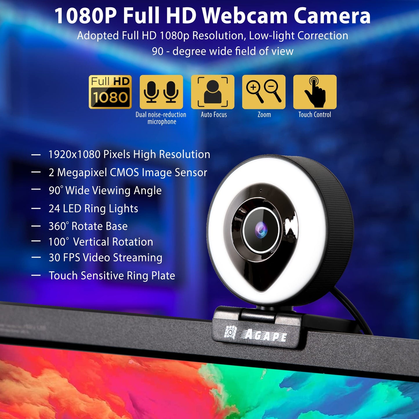 Agape Full HD 1080P/30fps Video Calling Webcam with Microphone,Plug and Play, Adjustable Right Light Pro Web Camera, Advanced Auto-Focus with Tripod for Zoom/Skype/Teams/Video Calling/Gaming Webcam