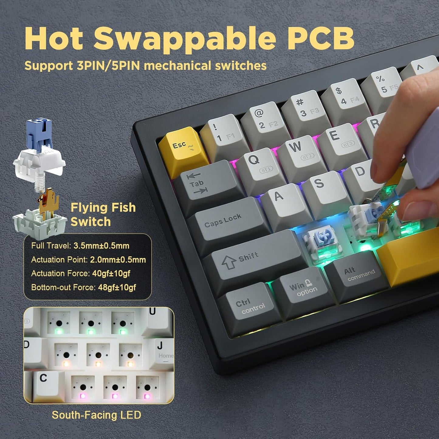 AJAZZ AK650 Mechanical Gaming Keyboard with Smart Display & Knob,65% Wireless Mechanical Keyboard BT/2.4G/USB-C, Hot Swappable, Creamy Sounding with RGB Light (Purple,Flying Fish Switch)